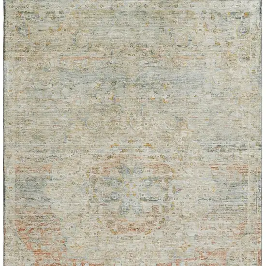 Tan Beige And Teal Floral Medallion Washable Area Rug With UV Protection Photo 3