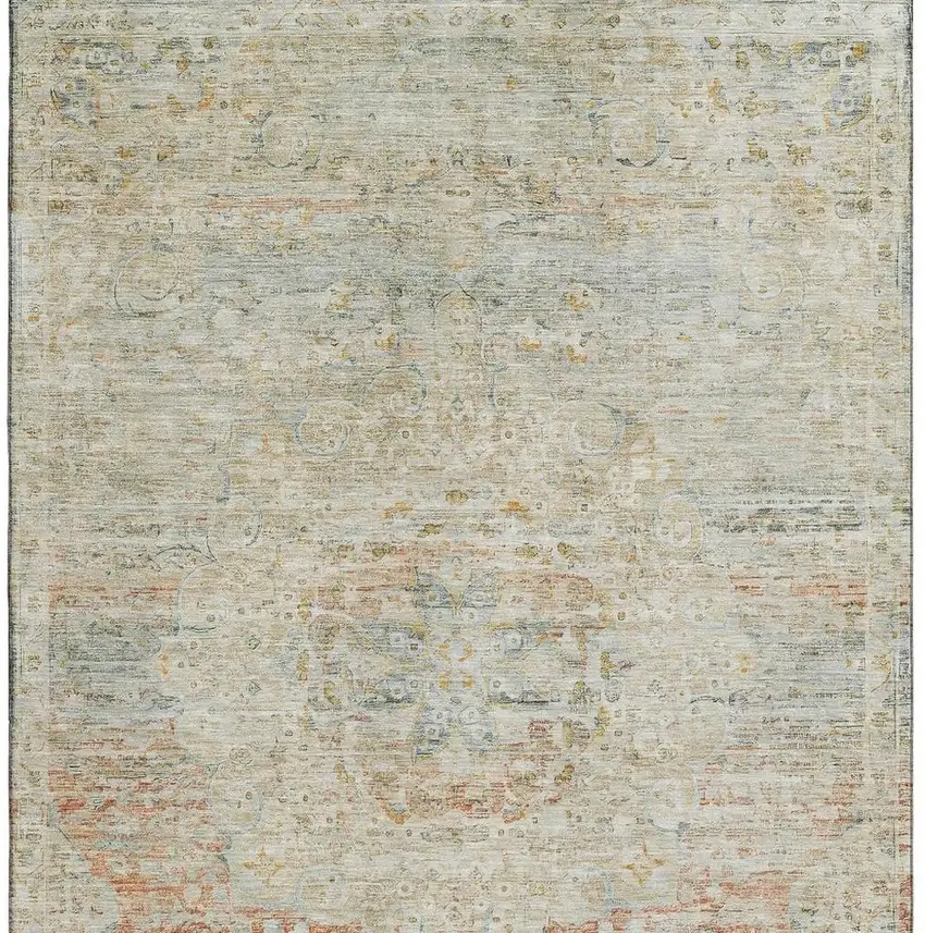 Tan Beige And Teal Floral Medallion Washable Area Rug With UV Protection Photo 3