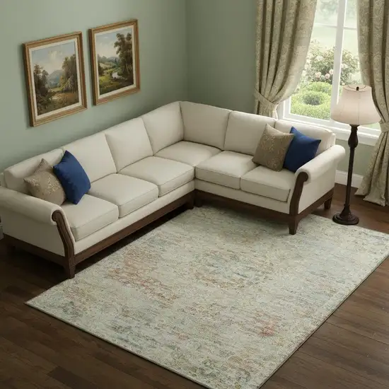 Tan Beige And Teal Floral Medallion Washable Area Rug With UV Protection Photo 2