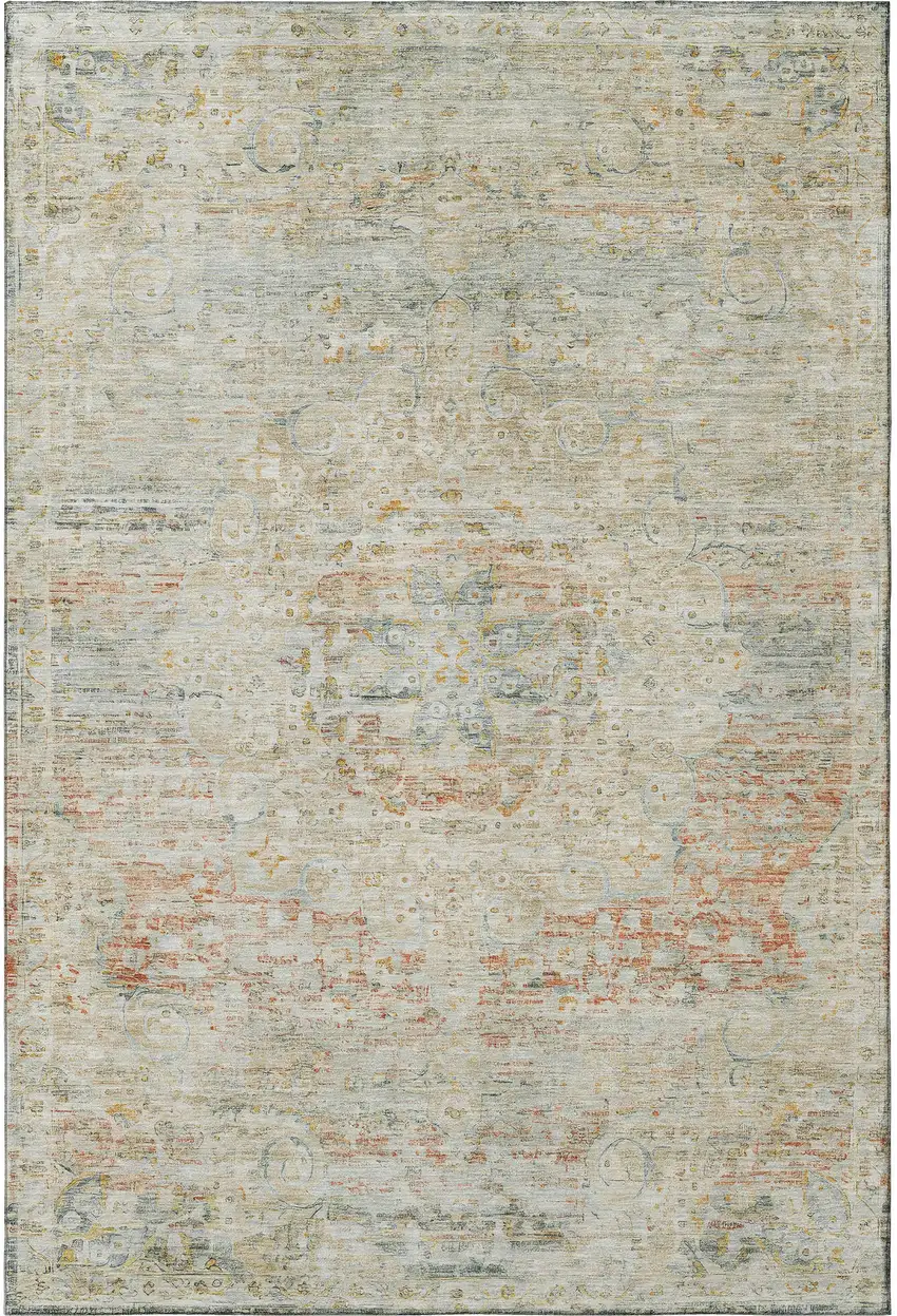 Tan Beige And Teal Floral Medallion Washable Area Rug With UV Protection Photo 2