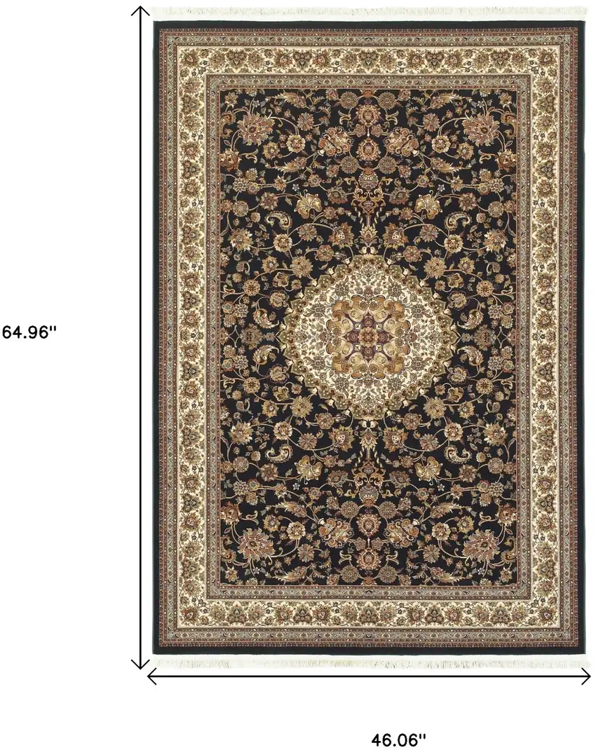 Tan Black And Ivory Medallion Area Rug With Fringe Photo 3