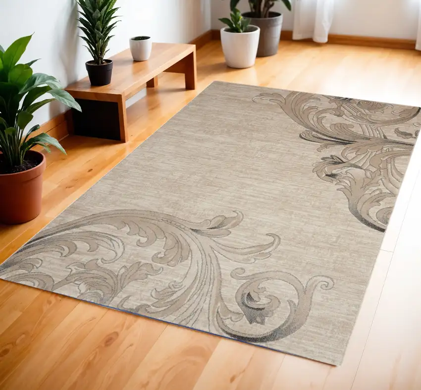 Tan Black and Ivory Damask Area Rug Photo 2