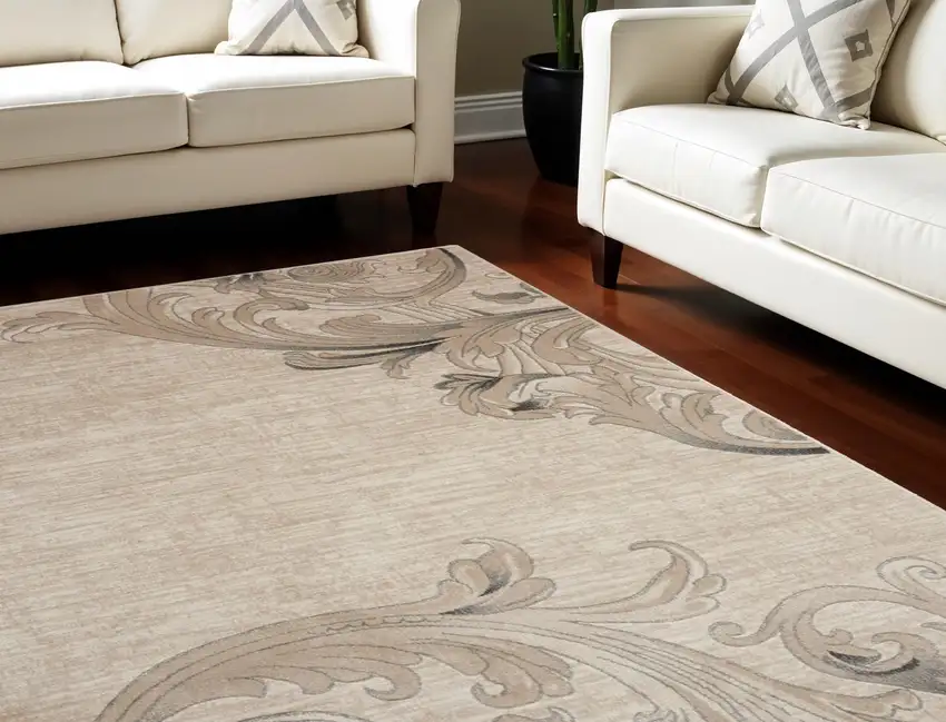 Tan Black and Ivory Damask Non Skid Area Rug Photo 2