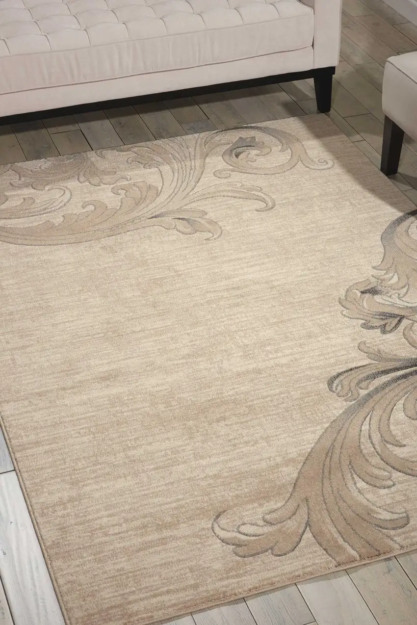 Tan Black and Ivory Damask Non Skid Area Rug Photo 6
