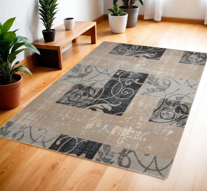 Tan Black and Ivory Floral Vines Area Rug Photo 1