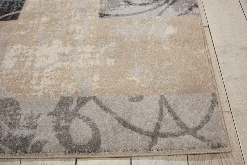 Tan Black and Ivory Floral Vines Non Skid Area Rug Photo 6