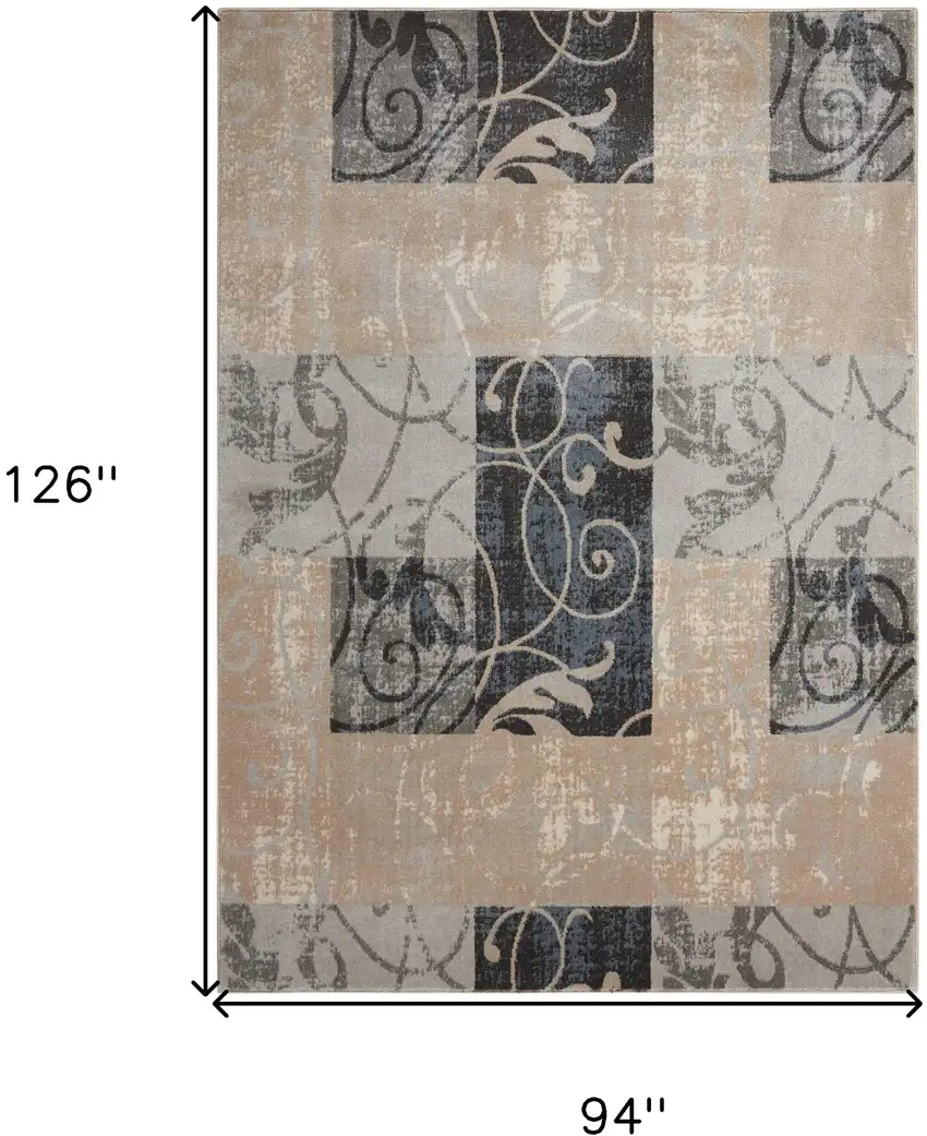 Tan Black and Ivory Floral Vines Non Skid Area Rug Photo 3