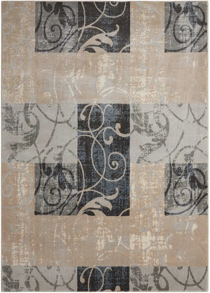 Tan Black and Ivory Floral Vines Non Skid Area Rug Photo 2