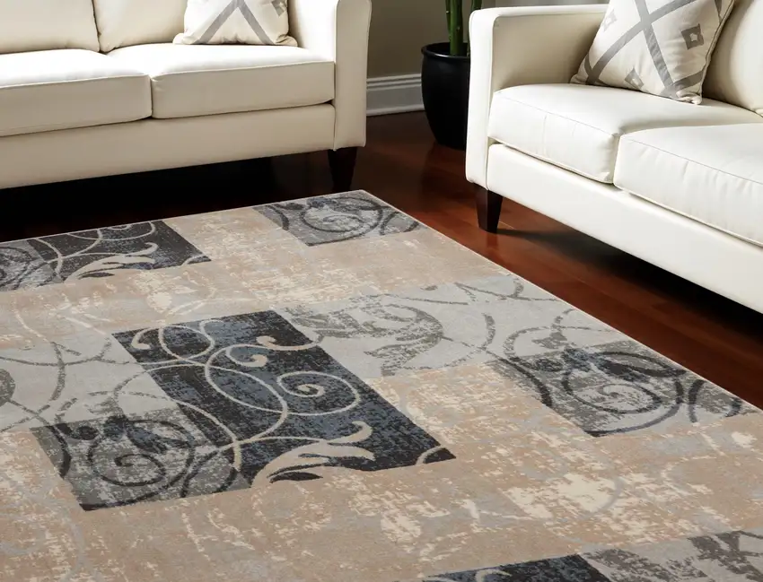 Tan Black and Ivory Floral Vines Non Skid Area Rug Photo 1