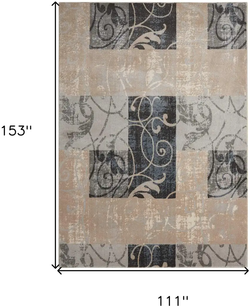 Tan Black and Ivory Floral Vines Non Skid Area Rug Photo 3