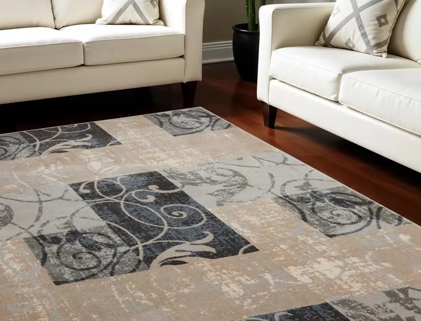 Tan Black and Ivory Floral Vines Non Skid Area Rug Photo 1