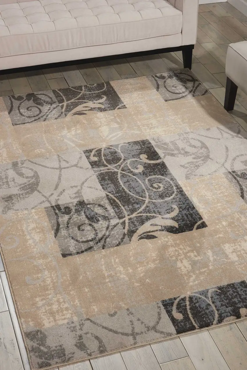 Tan Black and Ivory Floral Vines Non Skid Area Rug Photo 5