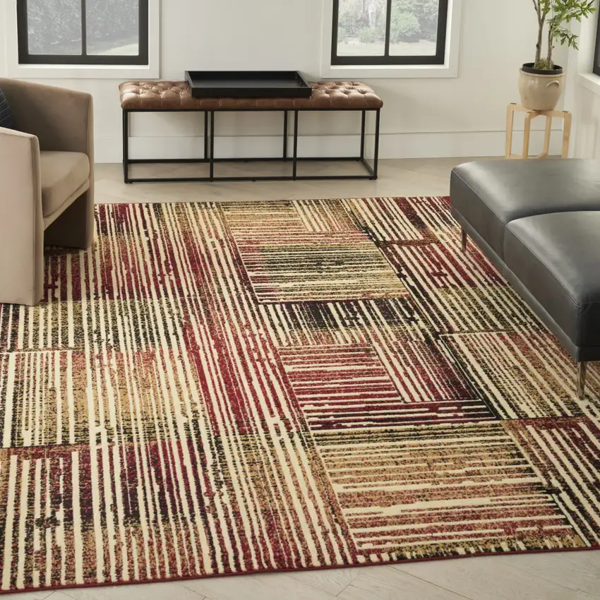 Tan Black and Red Striped Non Skid Area Rug Photo 3