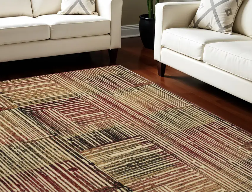 Tan Black and Red Striped Non Skid Area Rug Photo 1