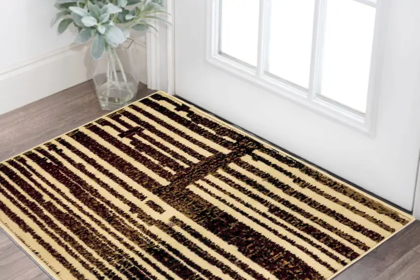 Tan Black and Red Striped Non Skid Area Rug Photo 1