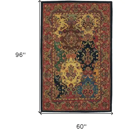 Tan Black and Red Wool Floral Area Rug Photo 6