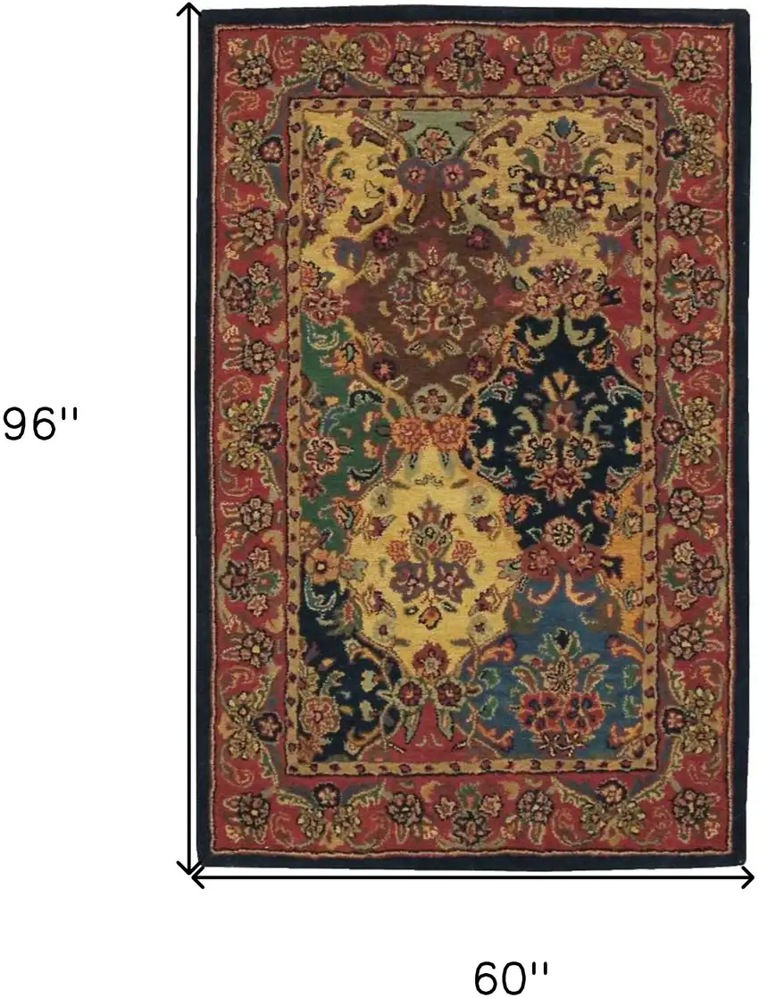 Tan Black and Red Wool Floral Area Rug Photo 6