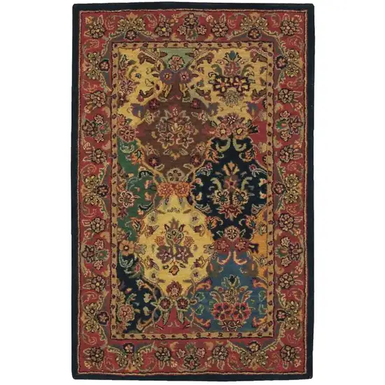 Tan Black and Red Wool Floral Area Rug Photo 1