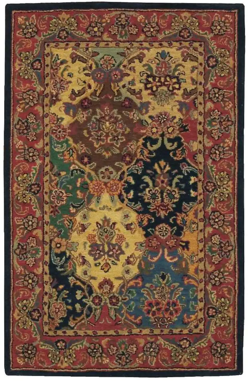 Tan Black and Red Wool Floral Area Rug Photo 1