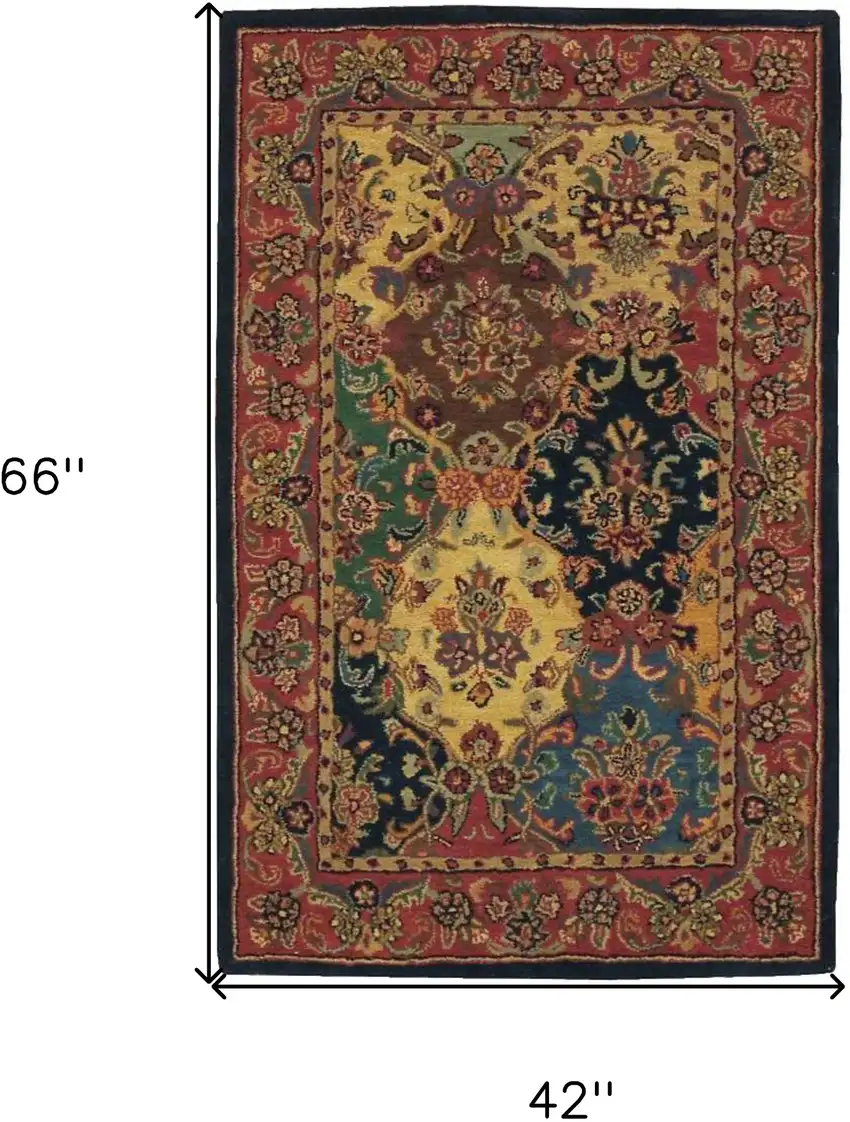 Tan Black and Red Wool Floral Area Rug Photo 3