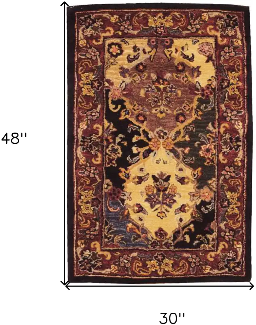 Tan Black and Red Wool Floral Area Rug Photo 3