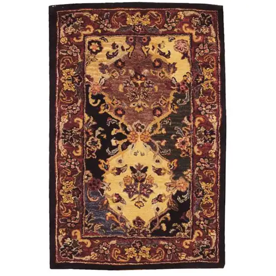 Tan Black and Red Wool Floral Area Rug Photo 1