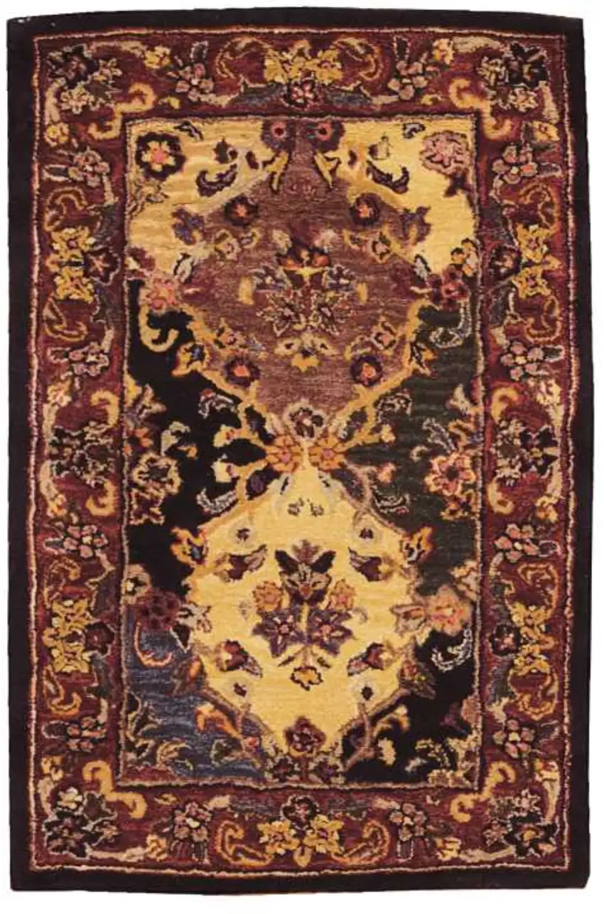 Tan Black and Red Wool Floral Area Rug Photo 1