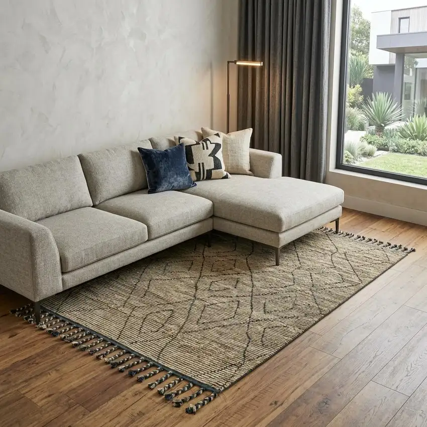 Tan Blue And Black Wool Geometric Hand Knotted Area Rug Photo 1