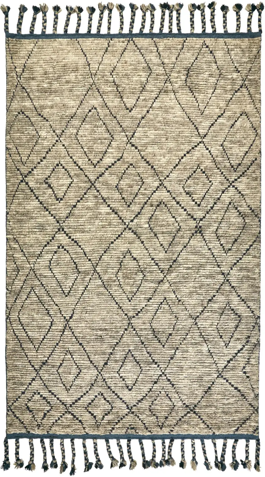 Tan Blue And Black Wool Geometric Hand Knotted Area Rug Photo 3