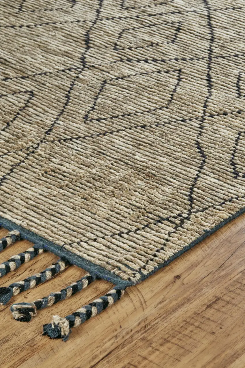 Tan Blue And Black Wool Geometric Hand Knotted Area Rug Photo 2