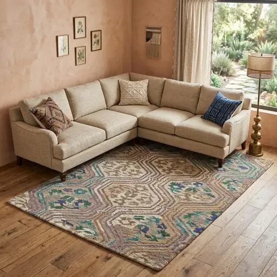 Tan Blue And Green Ikat Hand Tufted Area Rug Photo 1