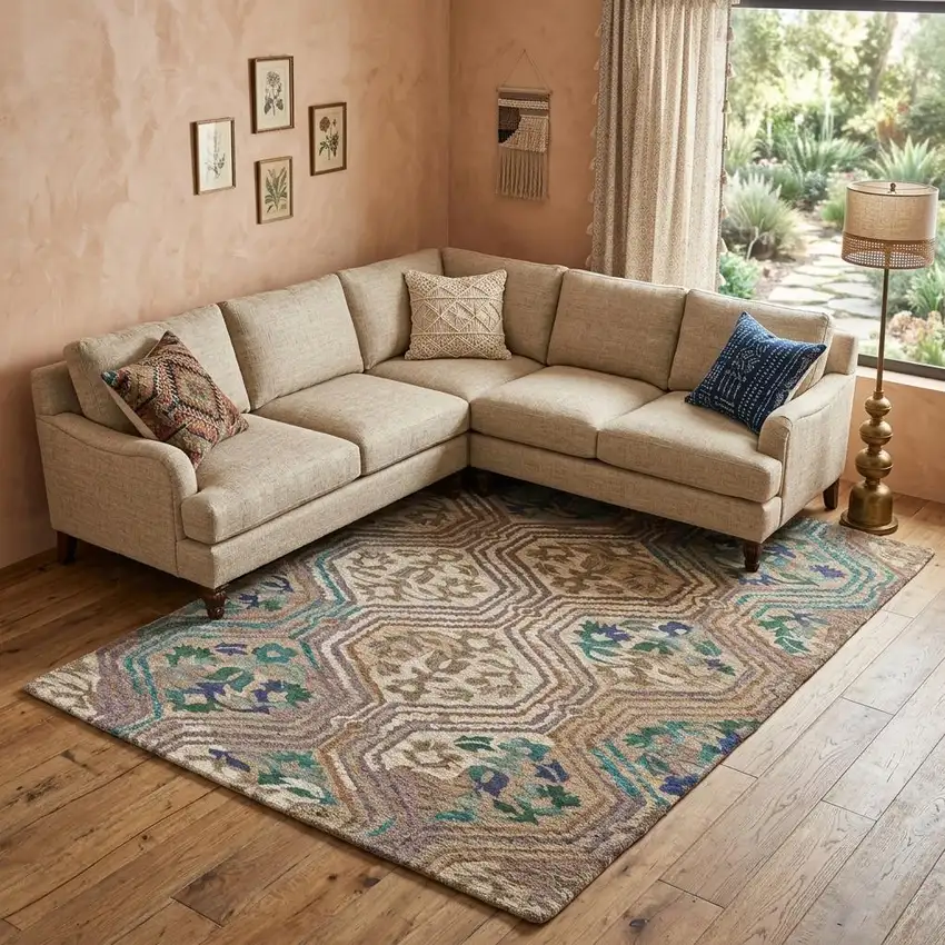 Tan Blue And Green Ikat Hand Tufted Area Rug Photo 1