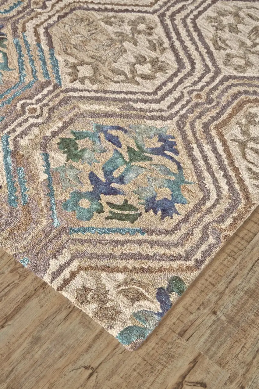 Tan Blue And Green Ikat Hand Tufted Area Rug Photo 3
