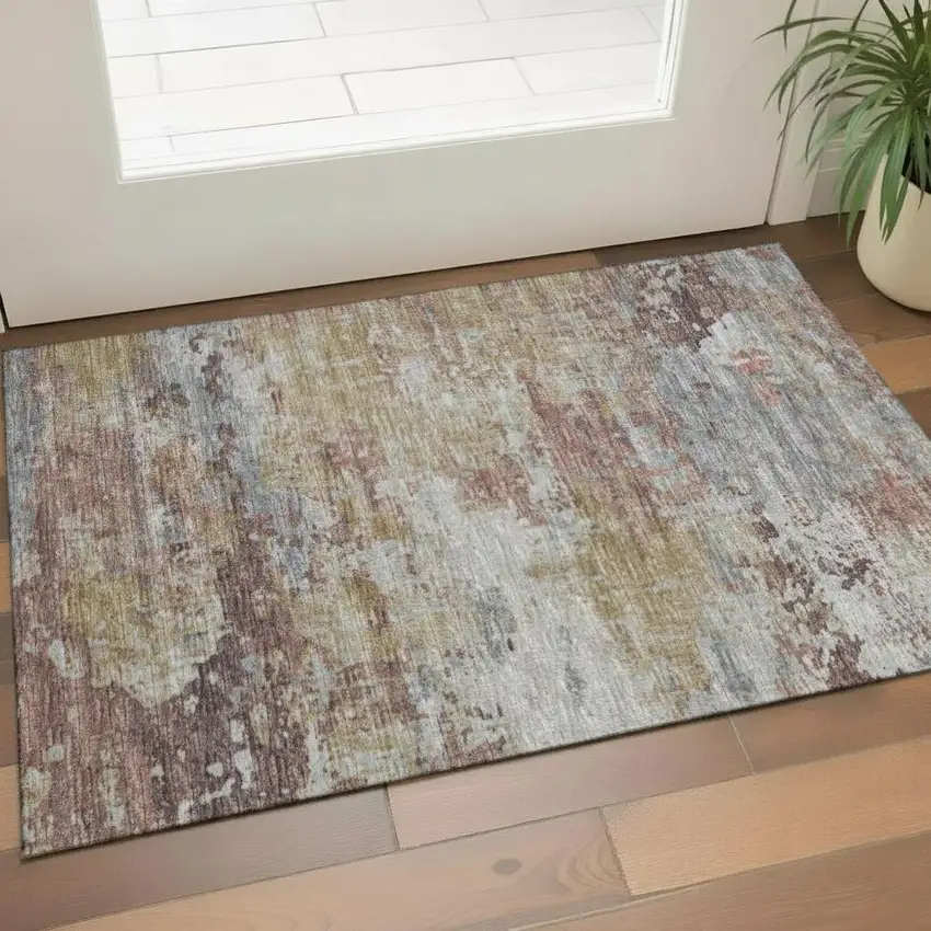 Tan Blue And Green Oriental Washable Area Rug With UV Protection Photo 2