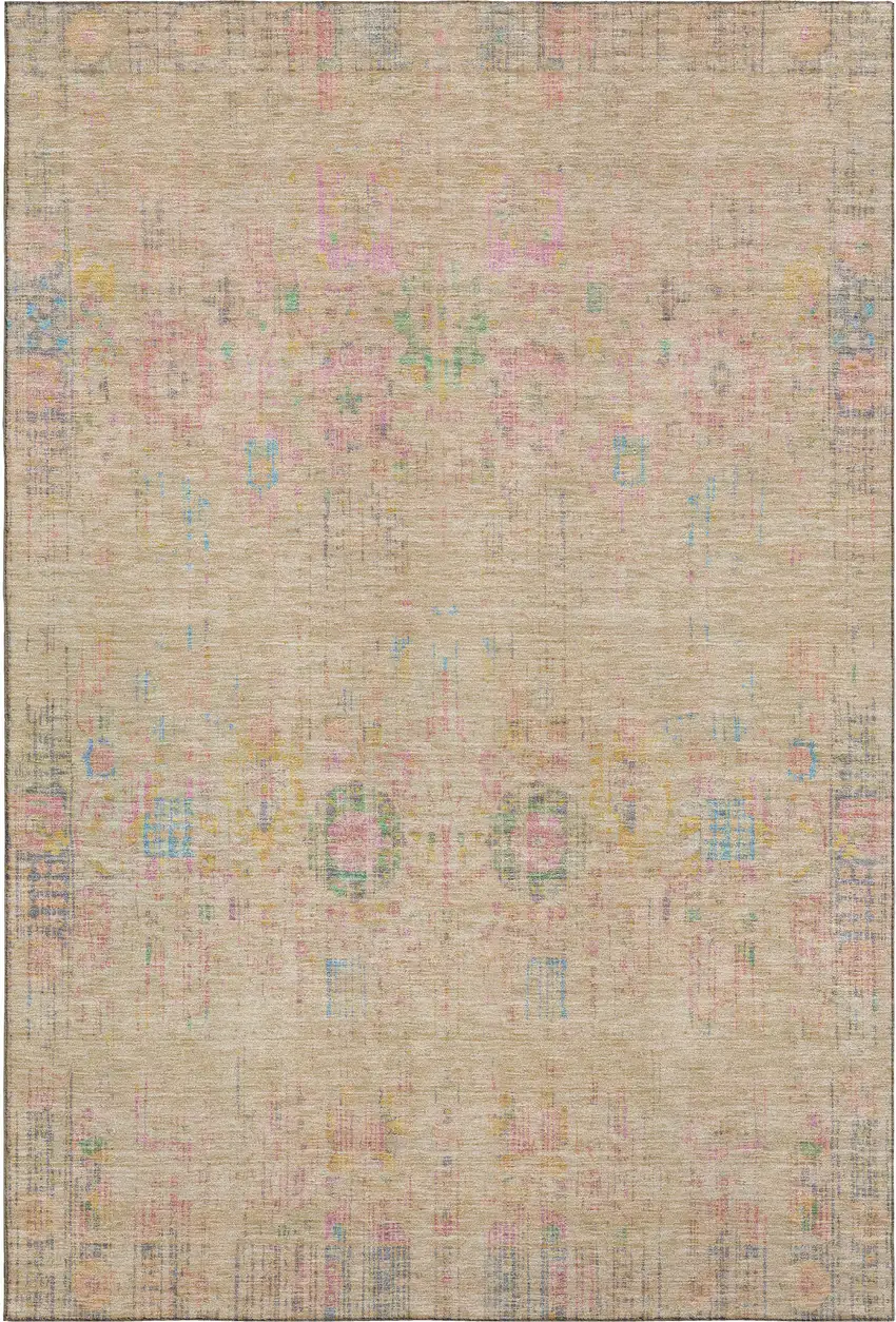 Tan Blue And Green Oriental Washable Area Rug With UV Protection Photo 1