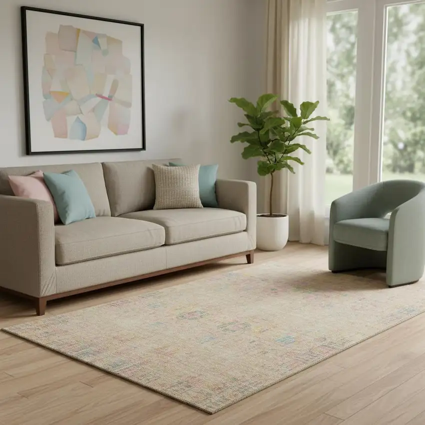 Tan Blue And Green Oriental Washable Area Rug With UV Protection Photo 2