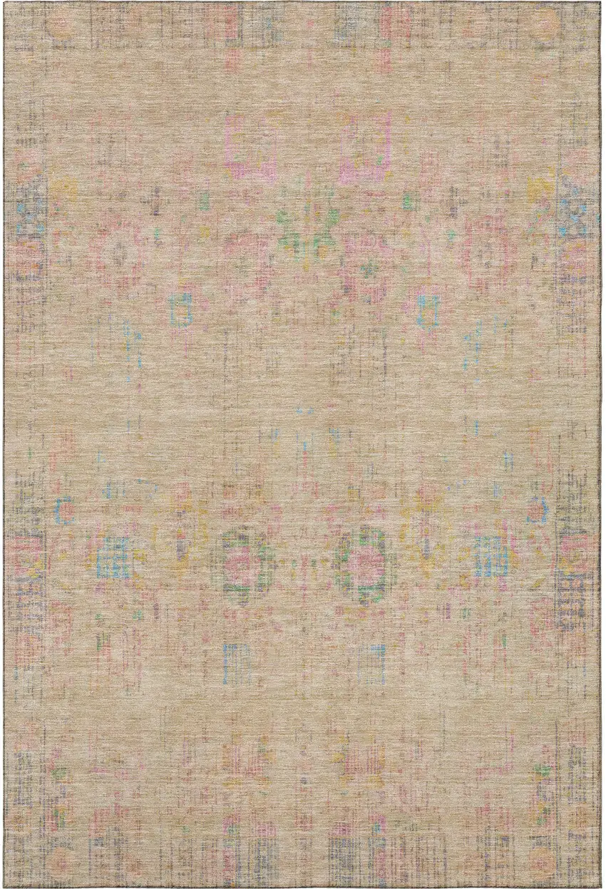 Tan Blue And Green Oriental Washable Area Rug With UV Protection Photo 3