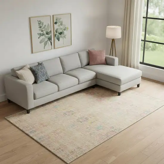 Tan Blue And Green Oriental Washable Area Rug With UV Protection Photo 2