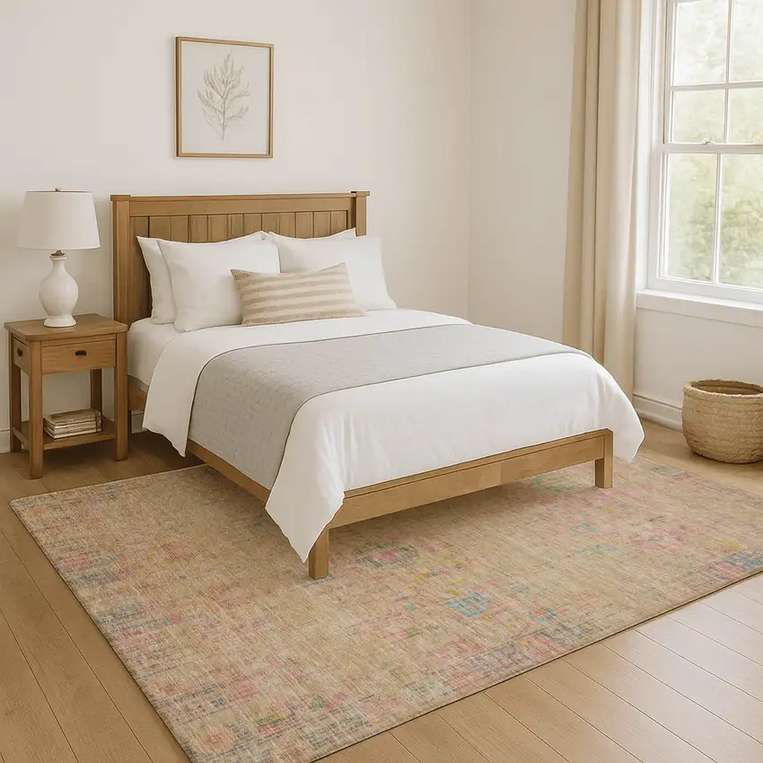 Tan Blue And Green Oriental Washable Area Rug With UV Protection Photo 5