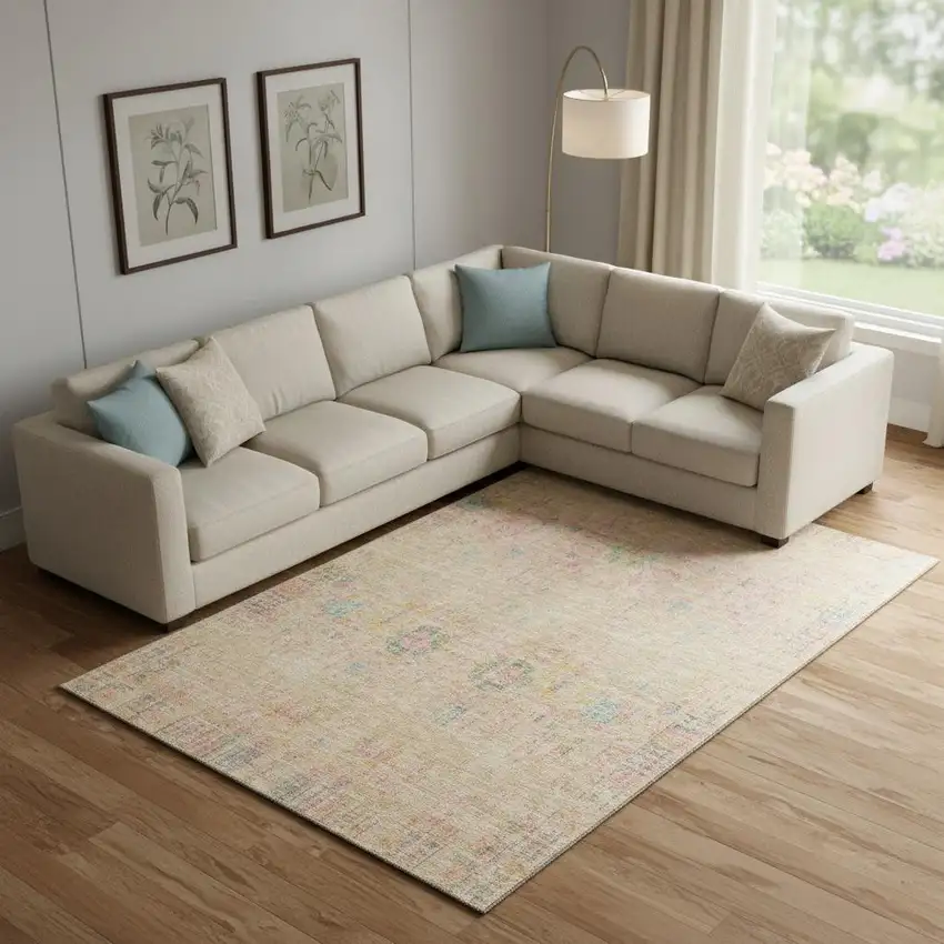 Tan Blue And Green Oriental Washable Area Rug With UV Protection Photo 2