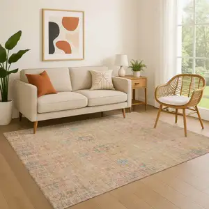 Photo of Tan Blue And Green Oriental Washable Area Rug With UV Protection