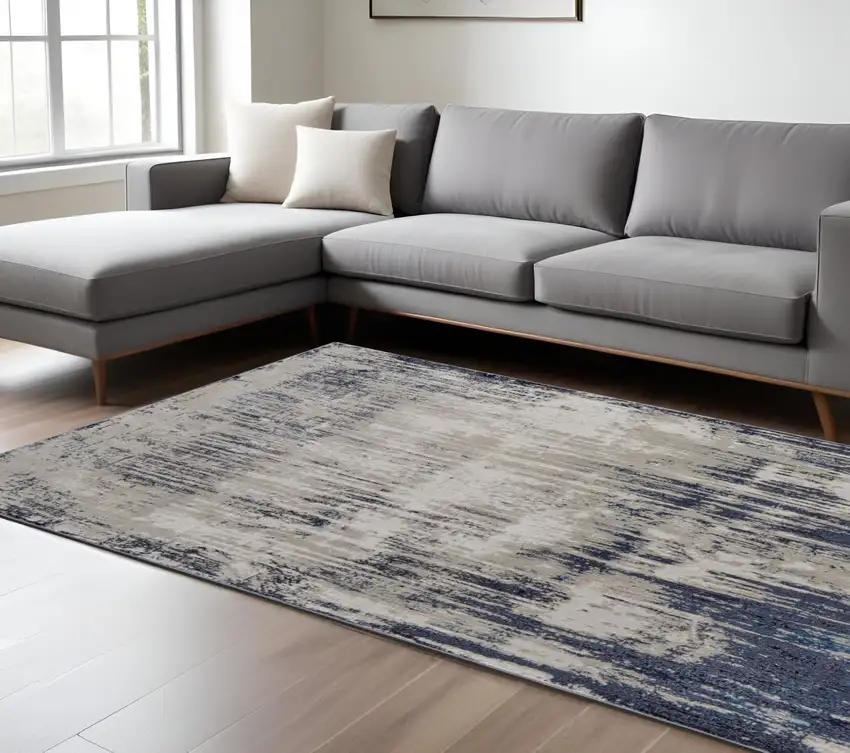 Tan and Blue Abstract Power Loom Distressed Non Skid Area Rug Photo 1