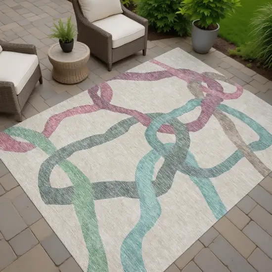Tan Blue And Mauve Abstract Washable Indoor Outdoor Area Rug Photo 6