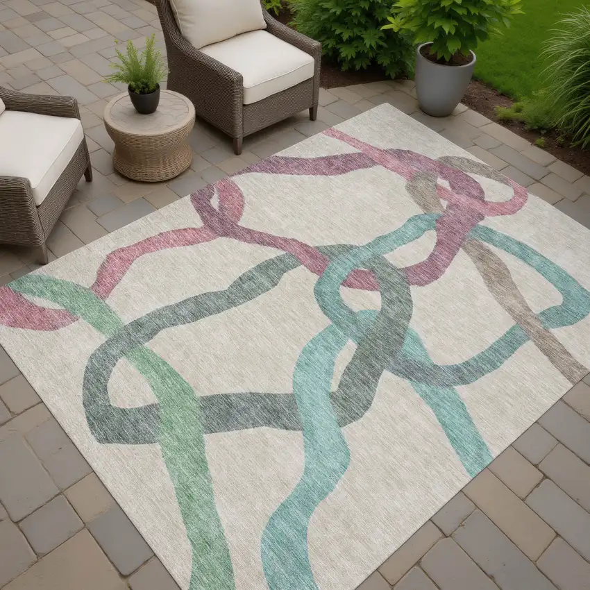 Tan Blue And Mauve Abstract Washable Indoor Outdoor Area Rug Photo 6