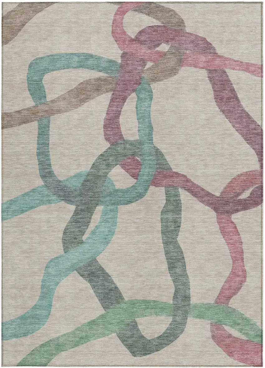 Tan Blue And Mauve Abstract Washable Indoor Outdoor Area Rug Photo 2