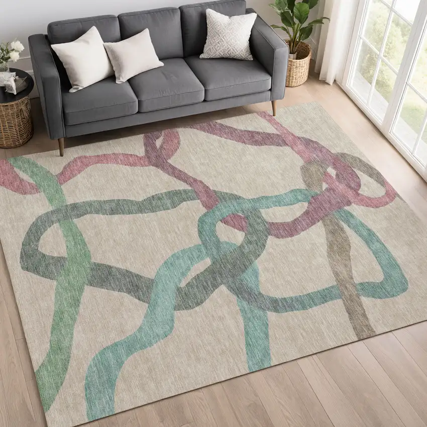 Tan Blue And Mauve Abstract Washable Indoor Outdoor Area Rug Photo 4