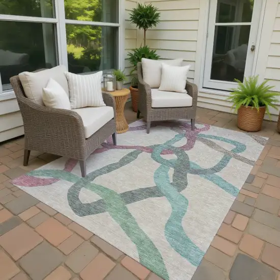 Tan Blue And Mauve Abstract Washable Indoor Outdoor Area Rug Photo 4