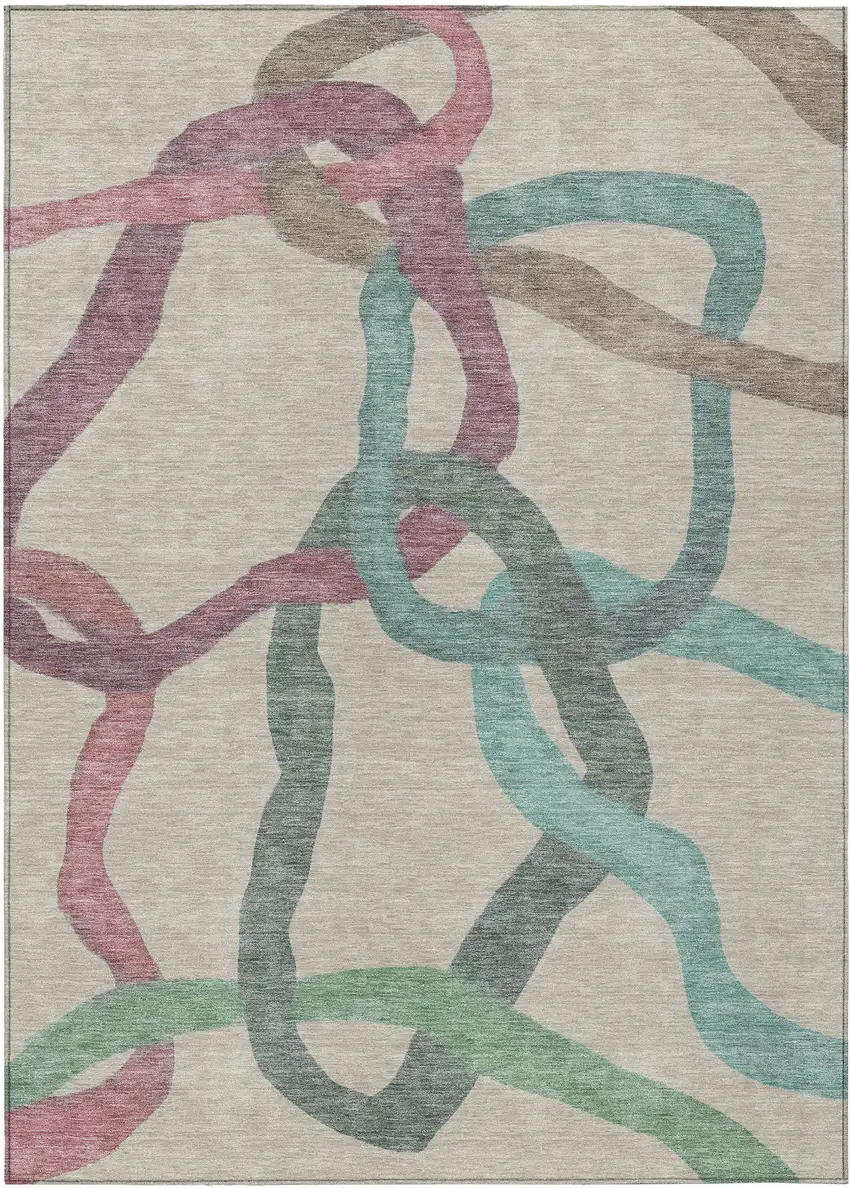 Tan Blue And Mauve Abstract Washable Indoor Outdoor Area Rug Photo 1