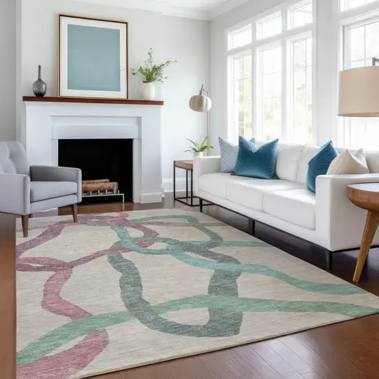 Tan Blue And Mauve Abstract Washable Indoor Outdoor Area Rug Photo 6