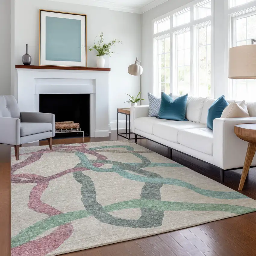 Tan Blue And Mauve Abstract Washable Indoor Outdoor Area Rug Photo 6